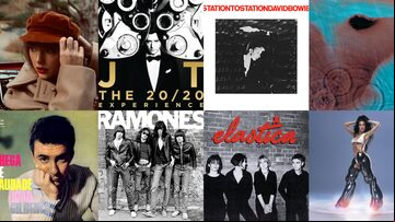Da esquerda para a direita, de cima para baixo, capas de álbuns de Taylor Swift, Justin Timberlake, David Bowie, Pink Floyd, João Gilberto, The Ramones, Elastica e Katy Perry. Foto: Universal Music, Sony Music, Warner Music, Odeon Records, DGC Records e Capital Records/Divulgação