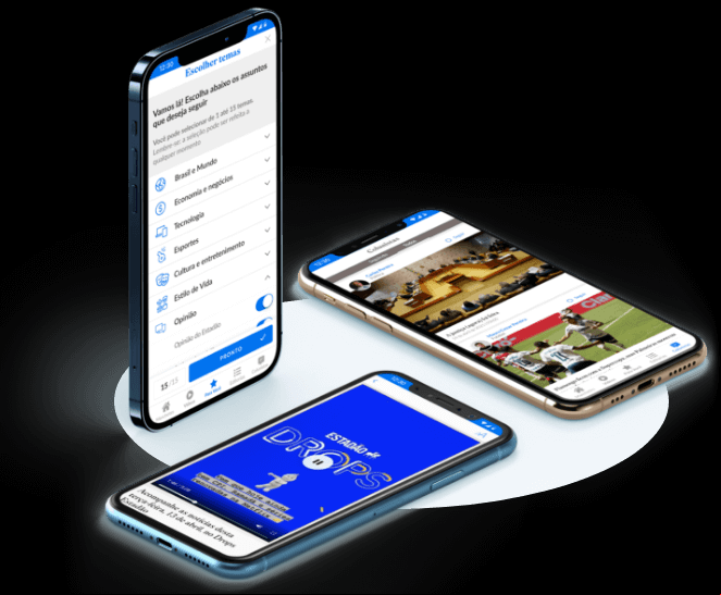 Apresentação das 3 principais funcionalidades do app do Estadão: Vídeos, Colunistas e Para Você